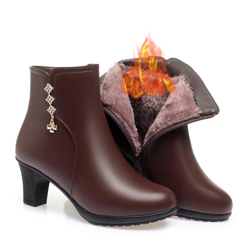 Autumn Winter Women's Leather Boots New Fashion Waterproof Side Zipper High Heels Non-slip Lightweight Warm Cotton Boots