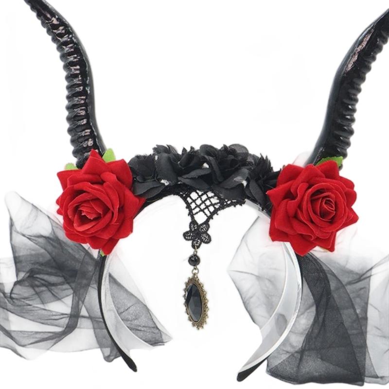 Gothic Devil Horn Headbands With Mesh Veil Decoration Hairband For Cos Parties Halloween Costume Accessories