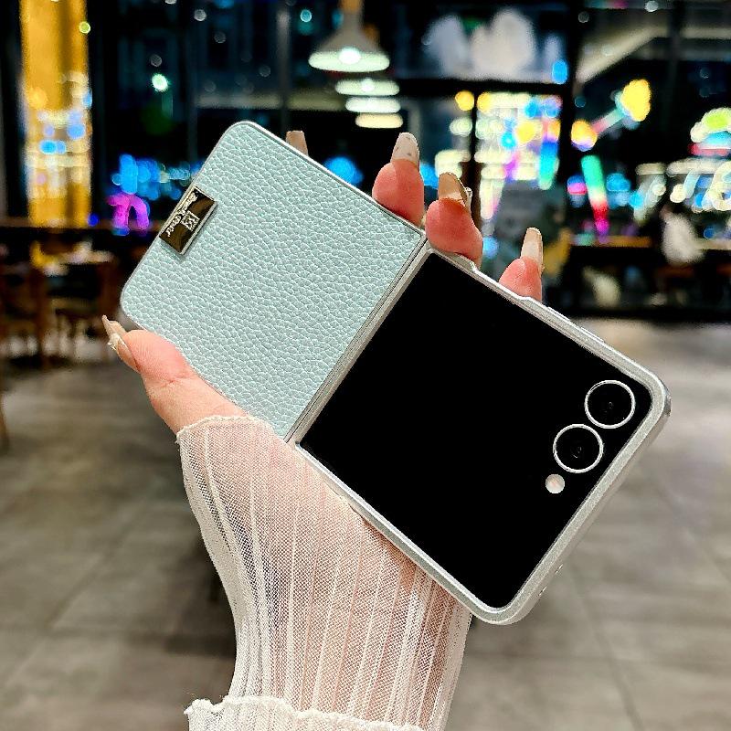 Silver Edge Lychee Pattern Samsung Z Flip7 Case, Drop-Proof, Anti-Scratch, Compatible with 5th/6th Gen