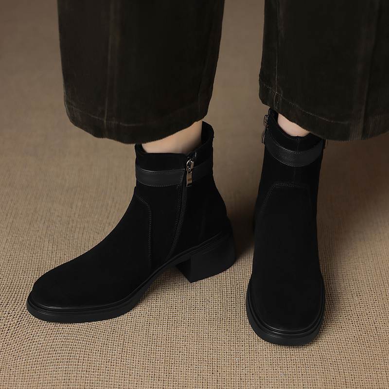 Krazing Pot Cow Suede Nubuck Round Toe Thick Heels Chelsea Boots Size 42 Zipper Women Keep Warm Ankle Boots