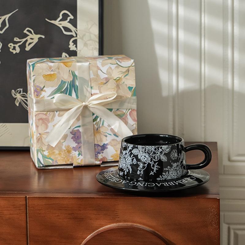 

Mug Gift Box Coffee Cup Ceramic Gift Cup Souvenir Cup and Plate Light Luxury High End Retro Rose Retro 250ml