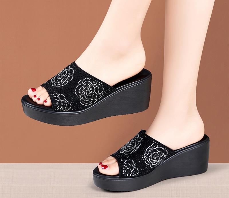 

6 см Удобная Толстая Подошва Стразы Платформа Танкетка Шлепанцы Женская Обувь 2025 Лето Средний Каблук Слайды для Офиса Мама Работа 41