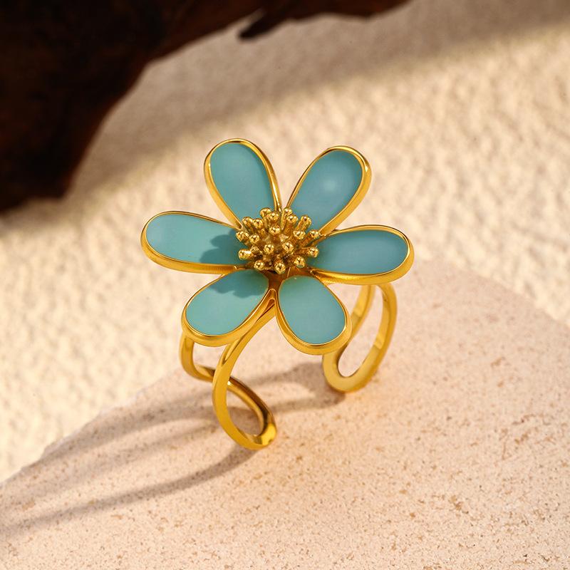 Stainless steel drip flower ring female Korean version fashion sweet temperament live ring diamond