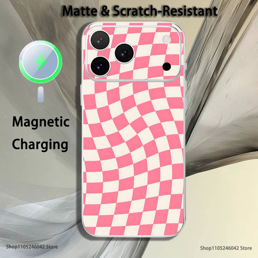 Checkered Pattern Magnetic Wireless Charging Transparent White Phone Case For iPhone 17,16,15,14,13,12,11,Pro,Max,Plus