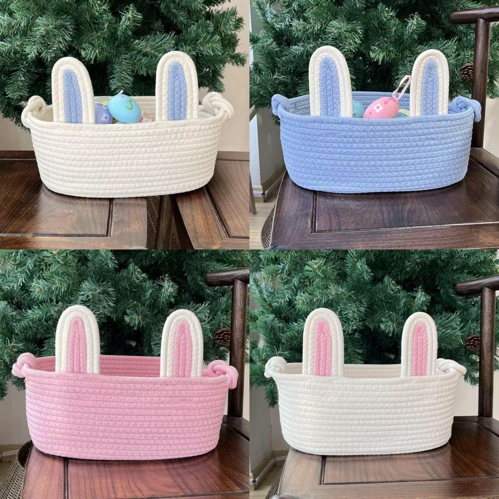 Cotton Rope Basket With Bunny Handle For Diy Easter Craft Storage Organizer For Home Decor