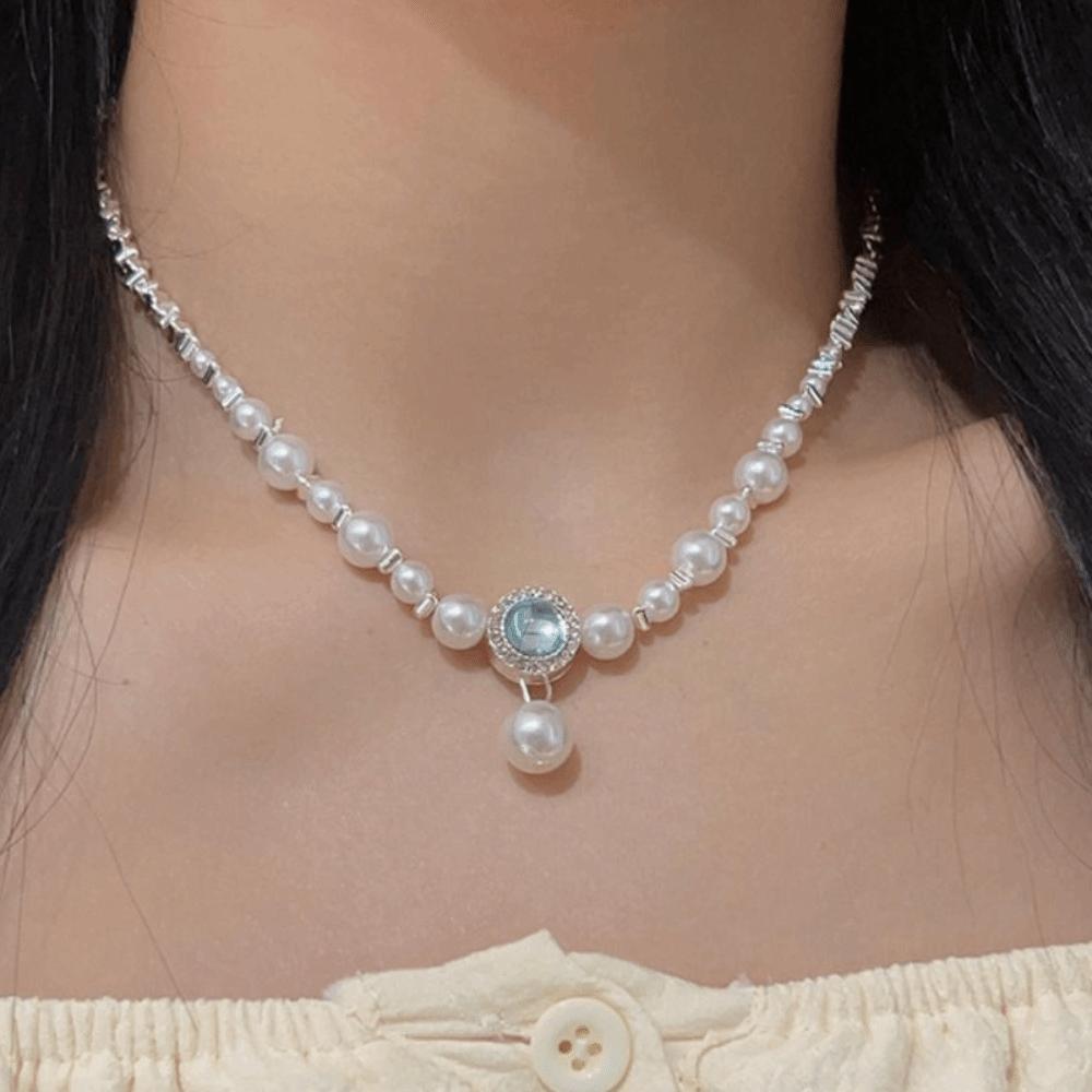 Exquisite Aquamarine Pendant Pearl Necklace Luxury Women Jewelry Pearl Strand Necklace  Gifts