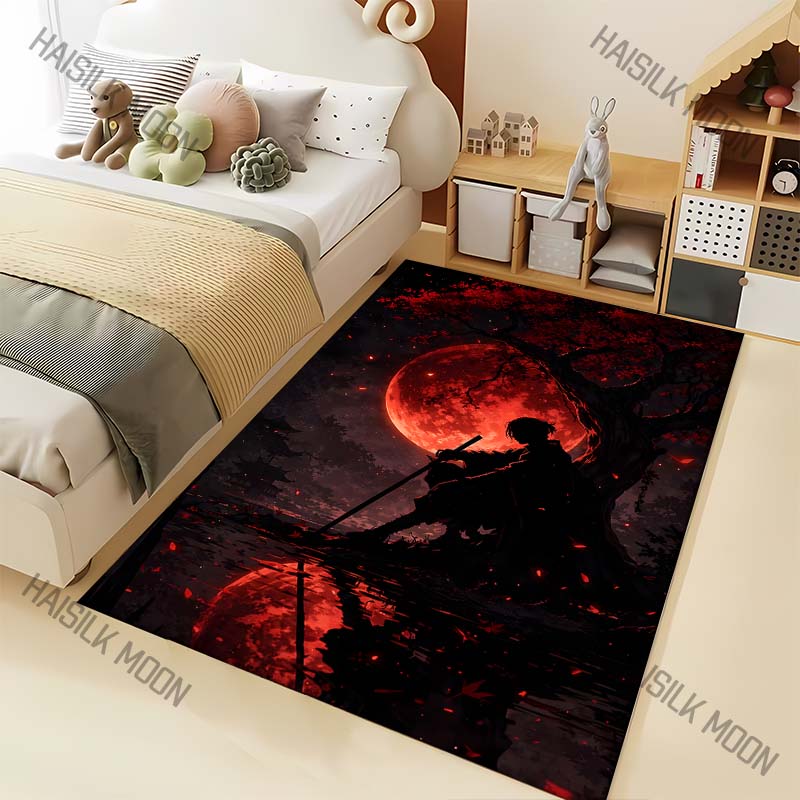 Blood Moon Samurai Silhouette Lakeside Print Carpet for Living Room Bedroom Sofa Home Decor Rus Non-slip Floor Mat Luxury Gift
