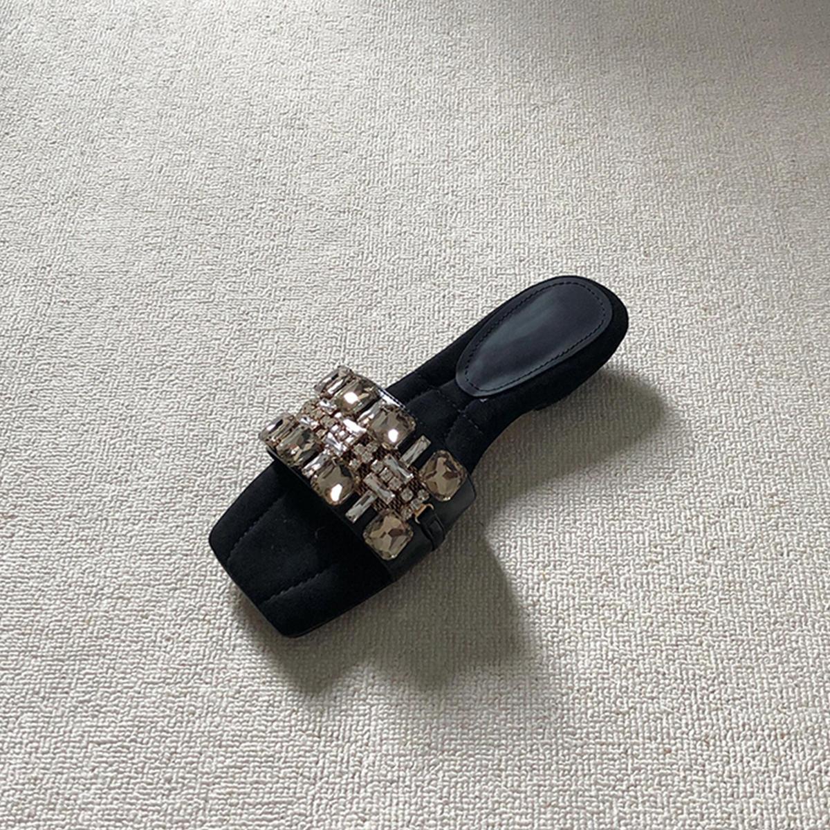 

Blue cabinet version~ French rhinestone new one-word drag women s fashion outer wear comfortable low-heeled temperament cool slippers 40 чёрный