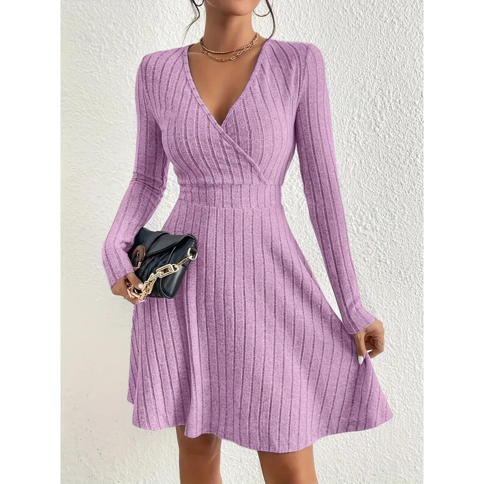 Herbst und Winter Neues V-Ausschnitt Sexy Taille A-Linie Regenschirmrock Big Swing Langarm Strickkleid XL rosa