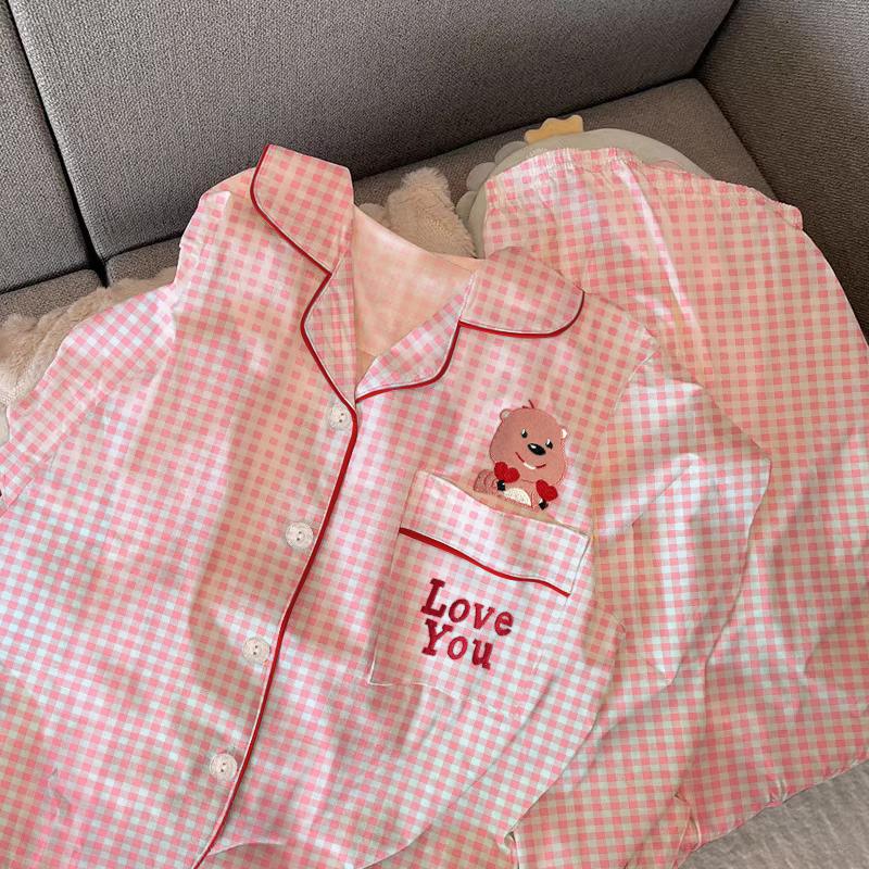 Ensemble de Pyjama Mignon à Carreaux pour Filles Printemps Automne Manches Longues Vêtements de Nuit Décontractés pour Femmes Ample Vêtements d'Intérieur