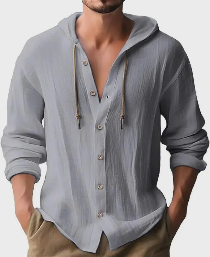 

2024 Весна/Лето Мужская повседневная футболка с капюшоном - Однотонный хлопок/лен с длинным рукавом XXXL серый