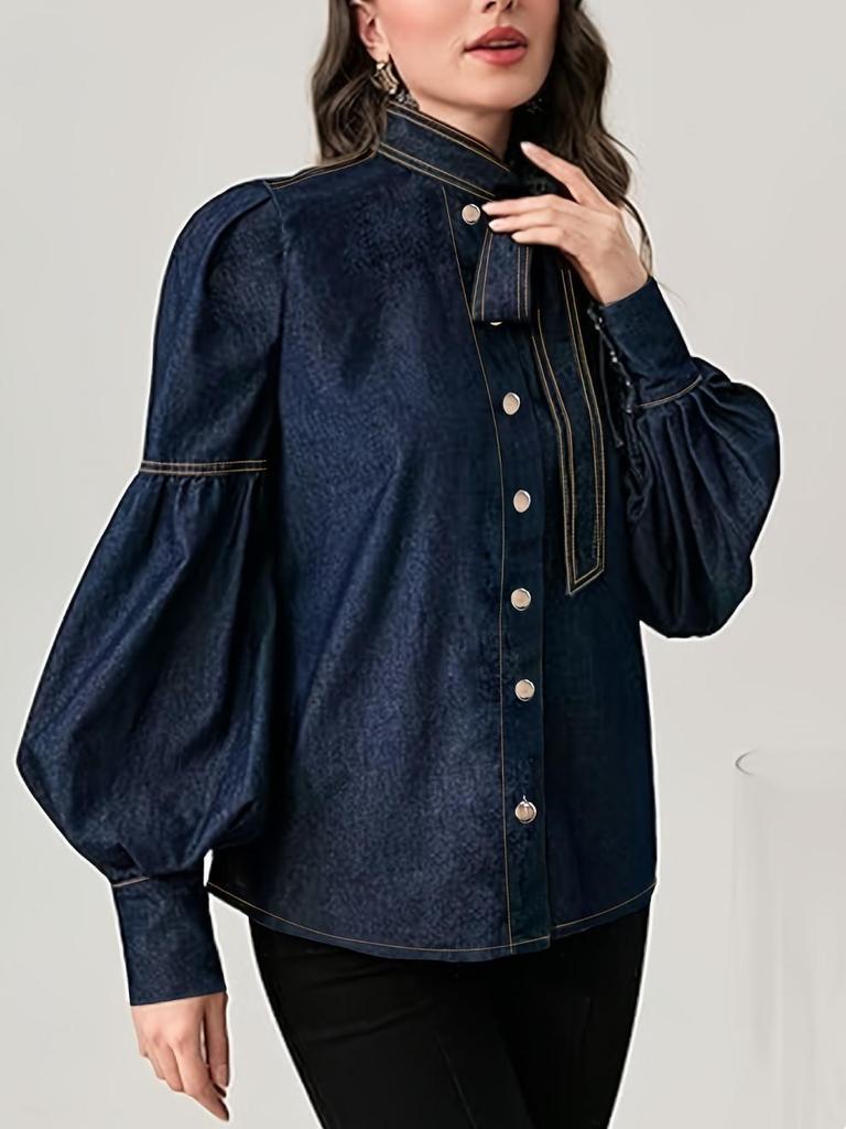 2025 Trendiges Damen-Denimhemd im europäischen Stil mit Schnür-Fliege