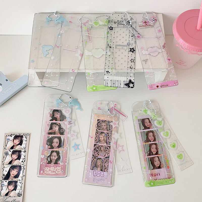 Girls Transparent Glitter Photo Card Holder Student Cartoon Star Design Long Style Photo Booth Strip Display Sleeves