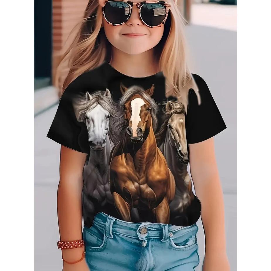 Kids T Shirts 2025 Summer New Girl's Stylish Cute Animal Play, Printed Pattern Round Neck Short Sleeve Tops