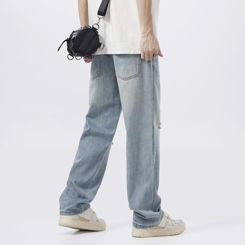American straight ripped jeans men's and women's casual trousers loose pants tide ins high street denim floor pants