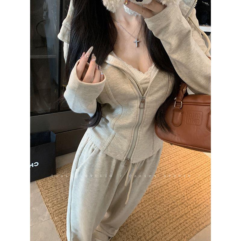 Kumikumi Idle Style Set Loose Hood Long sleeve Outerwear Women Autumn All-Match Drape Casual Pants Two-piece Set