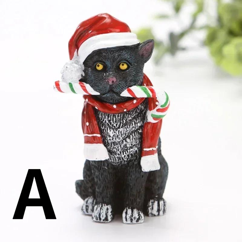 Christmas Cat Sculpture Pendant Resin Craft Figurines Hanging Decorations for Desktop Xmas Tree Holiday Party Home
