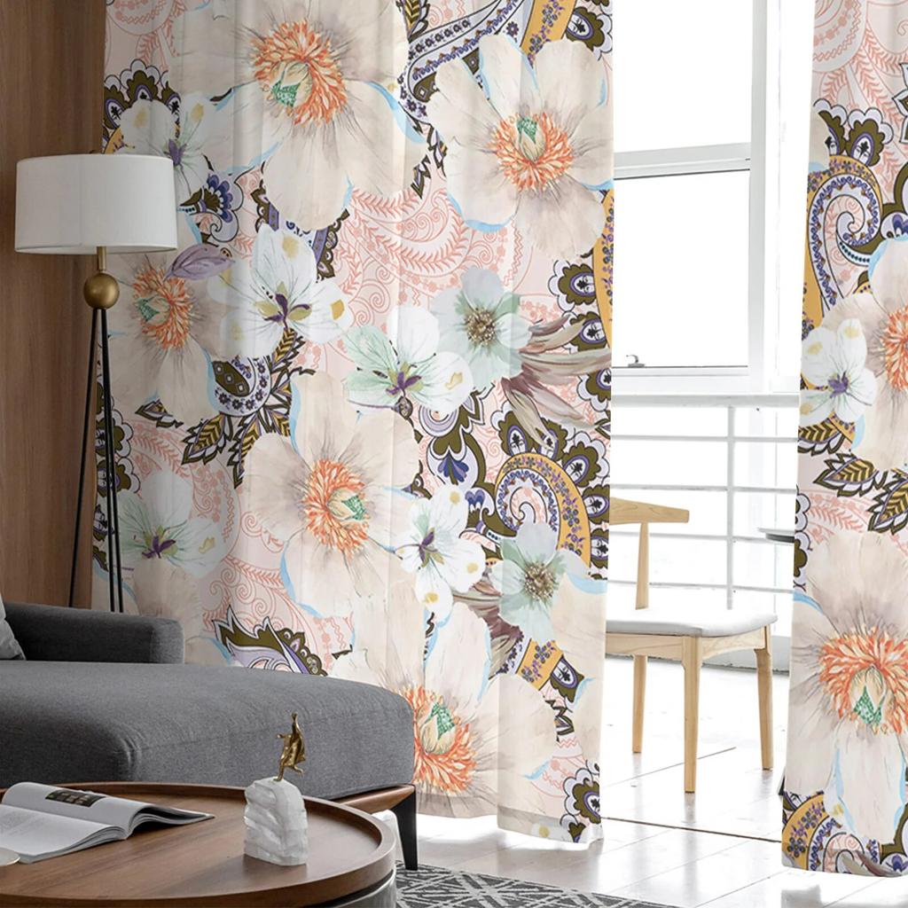 Vintage Flower Leaves Retro Bedroom Transparent Sheer Curtains Holiday Decoration Window Voile Tulle Curtain