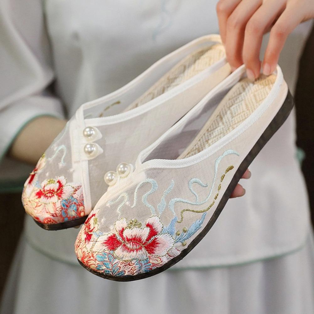 Mesh Ethnic Style Baotou Slippers Flower Embroidered Shoes Retro Hanfu Slippers  Girls