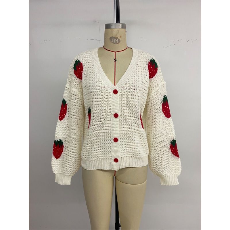 Fashion Women Sweater Ladies Tops Autumn European and American Strawberry Jacquard Knit Cardigan Sweater