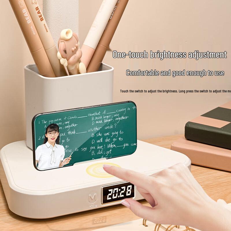 Oeny Multifunctional Desk Lamp with Clock, Pen Holder, and 3-Color Dimming