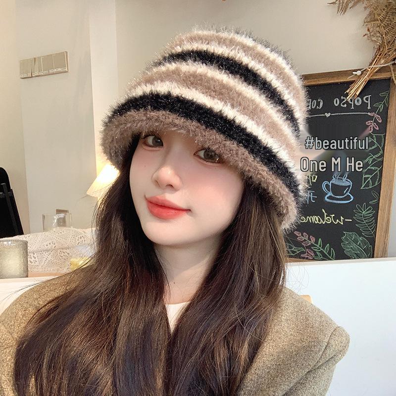 

Вязаная панама в корейском стиле, в полоску, для осени и зимы, для женщин - Универсальная, милая, теплая, дофаминовая, шерстяная.