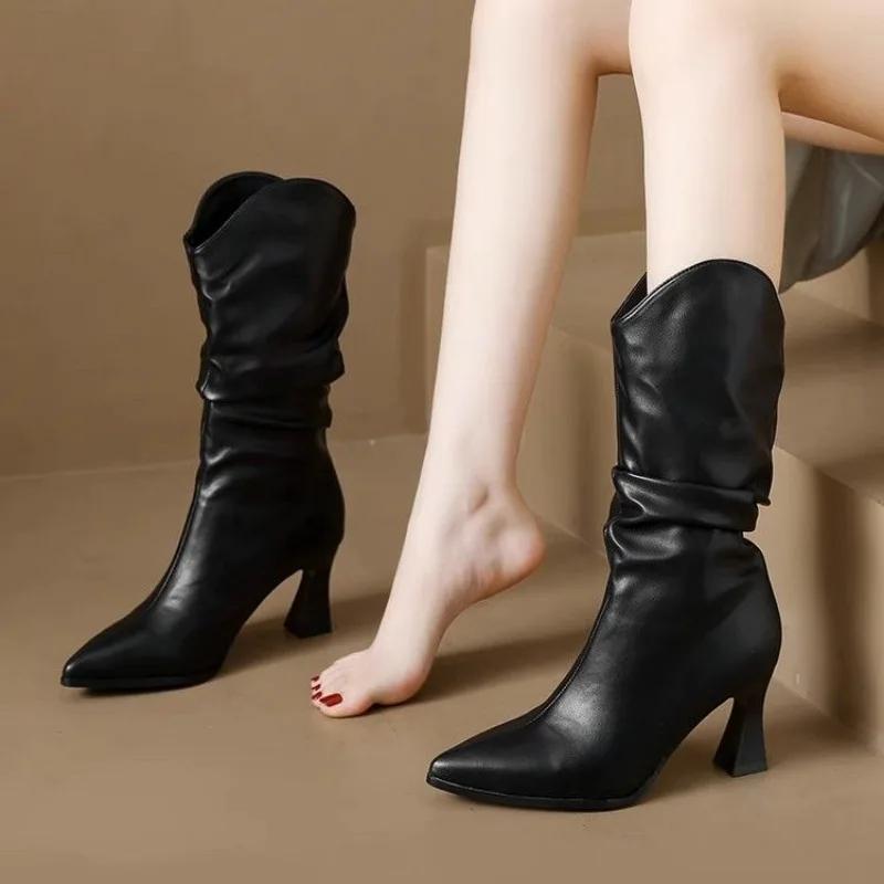 Trend 2024 Women's Half High Boots Retro Middle Heel Designer Luxury Winter Ladies Mid Calf Shoes Novelty Quality Waterproof New