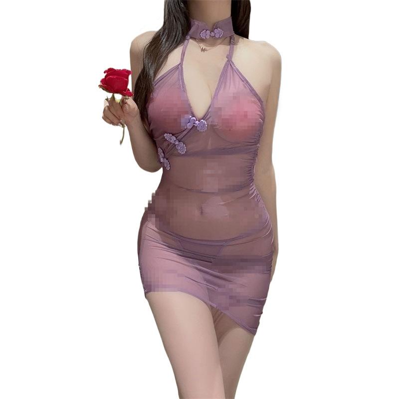 Fun Underwear, Sexy Antique Disc-buckled Cheongsam Uniform, Pure Desire To Avoid Pajamas, Deep Chest Skirt, Transparent Straps