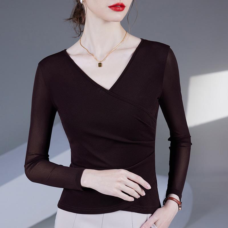 2025 Women's Fashion V-Neck Mesh Long-Sleeve Top - Waist-Cinching, Belly-Covering