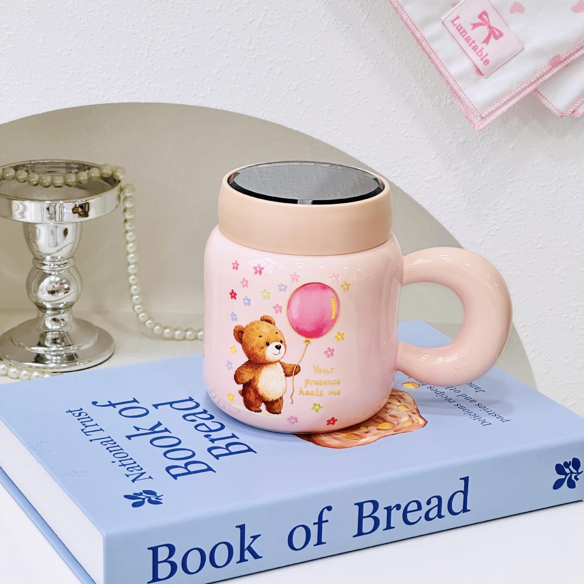 

Souvenir with Lid Cartoon Ceramic Cup Dustproof Mirror Cup Cute Bear Mug Gift Box Girl Couple Cup 350ML