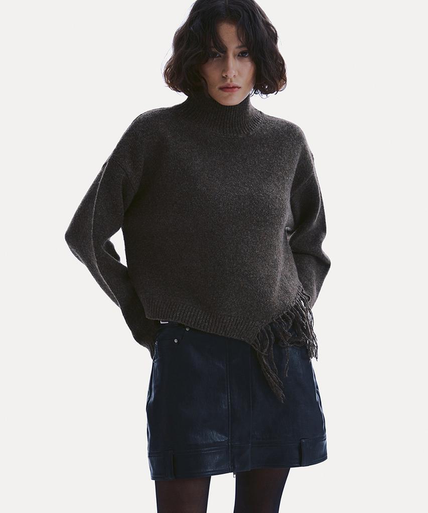 Uusoo Wool Blend Fringe Turtleneck Knit_ Brown