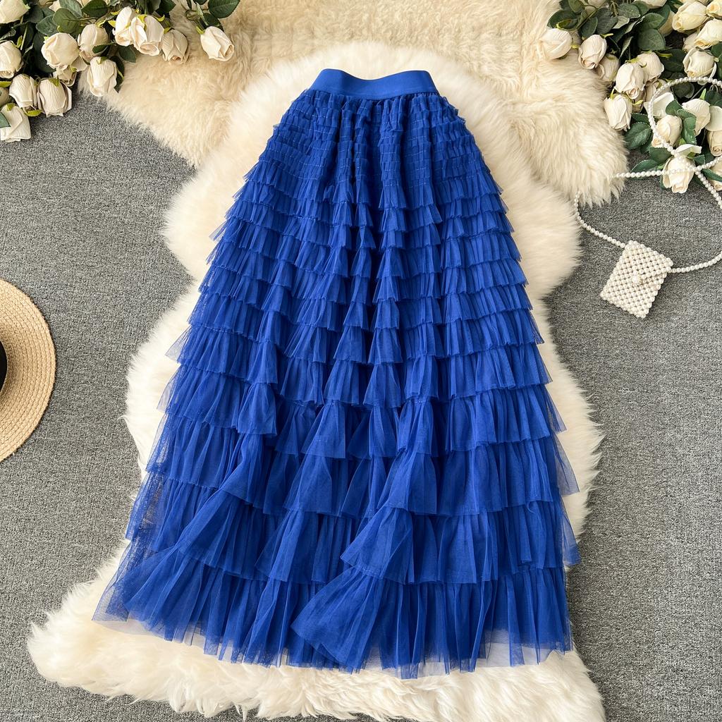 Summer Women Elegant Ruffles Mesh Elstic Waist Long Midi Cake Skirt
