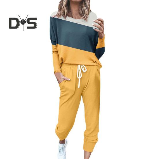 2 Pcs/Set Women Top Pants Suit Round Neck Long Sleeves Colorblock Sport Sweatshirt Drawstring Elastic Waist Trousers Fitness Outfit Fall Spring
