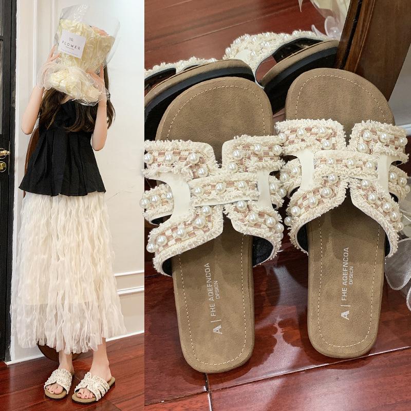 

Xiaoxiangfeng pearl slippers for women to wear summer new flat-bottomed fashion vacation seaside beach sandals 40 чорний