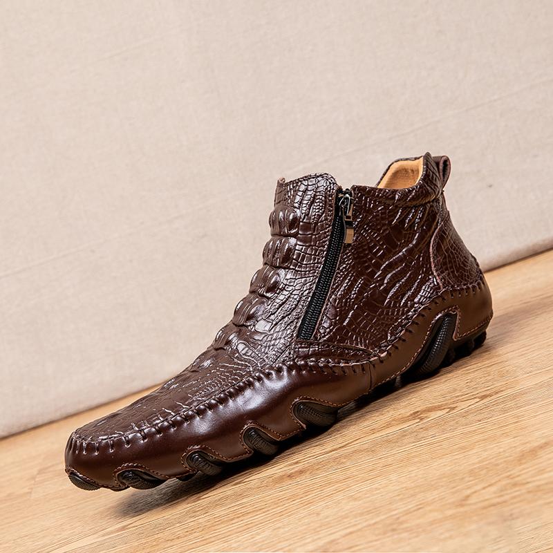 Men's Stylish High-Top Casual Shoes, Crocodile Embossed Cowhide Leather, Easy-Use Metal Zipper, Durable&Fashionable for Leisure