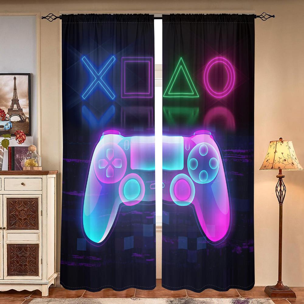 2 Pieces, Neon Colored Game Controller Curtains - Semi Blackout - Suitable for Living Room, Bedroom, Kitchen, Home Decoration