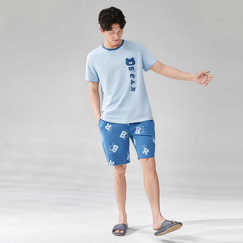 Fenteng [Maternal and Child Grade A-class Cotton] Summer New 7A Antibacterial Round Neck Short Sleeve Home Clothes Set for Men's Outerwear Pajamas