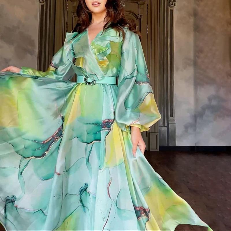 Spring and suer new printed pendulum lapel mesh dress couter large size women's dress