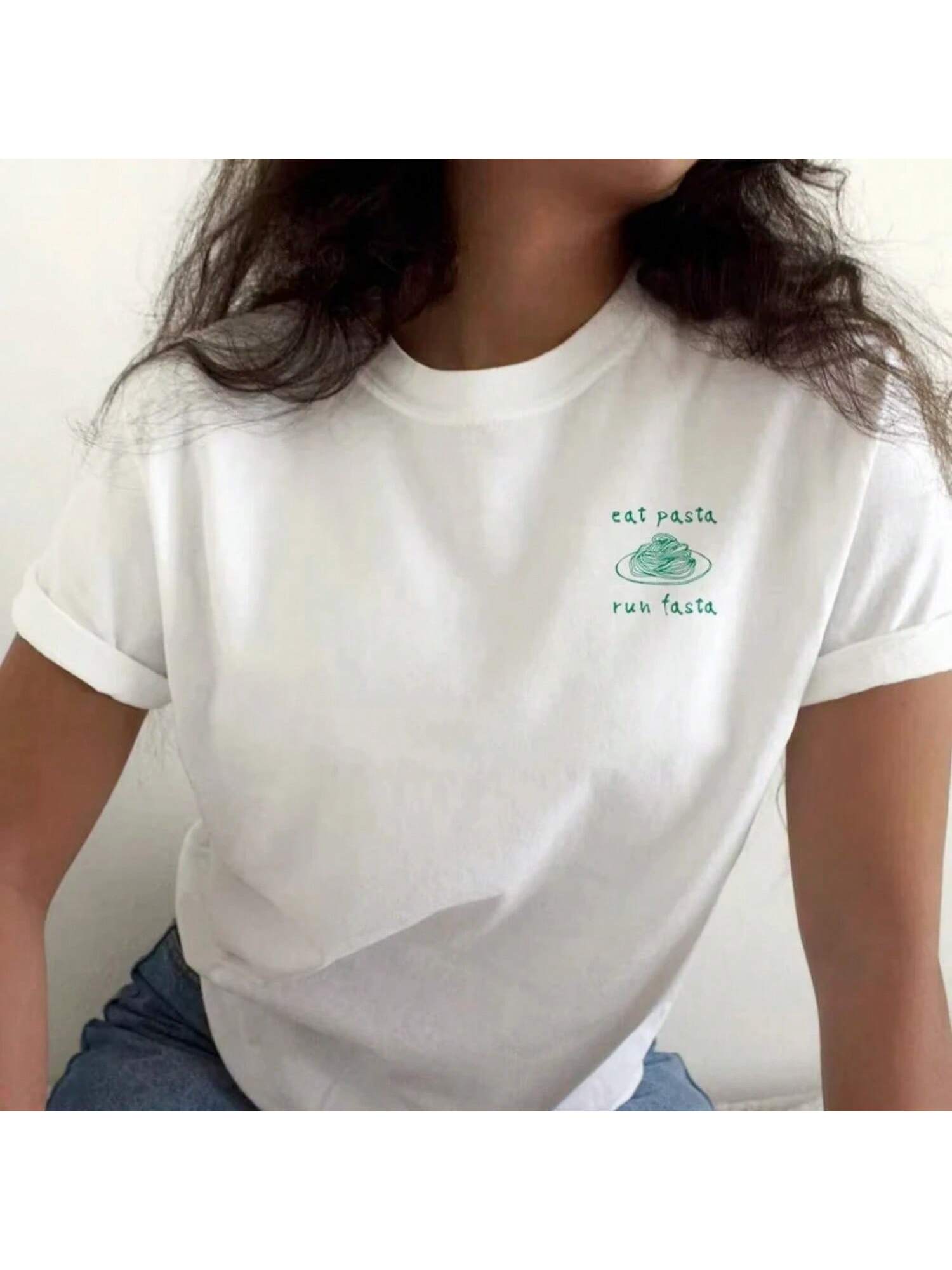 Summer Short-Sleeved Loose T-Shirt White Cotton Casual Shirt Eat Pasta Run Fasta Fun Print T-Shirt S разноцветный