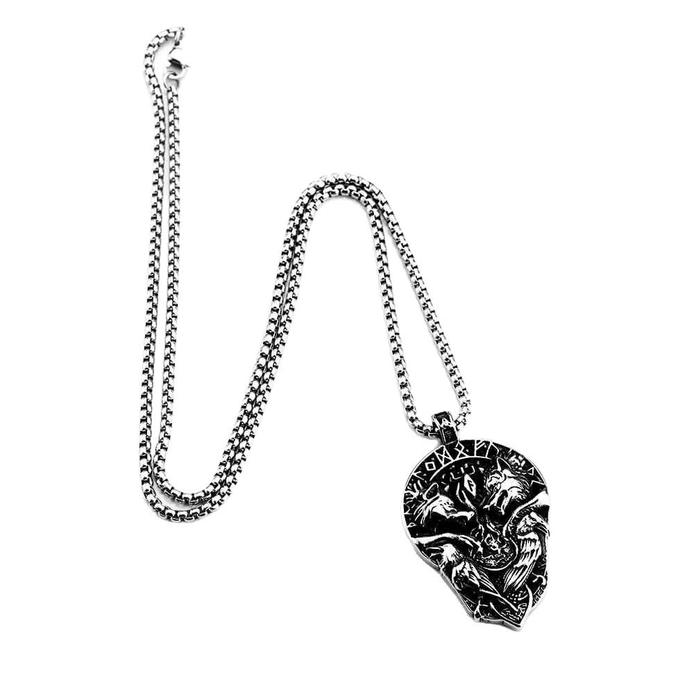 Nordic Stainless Steel Viking Rune Necklace with Celtic Wolf and Raven Design