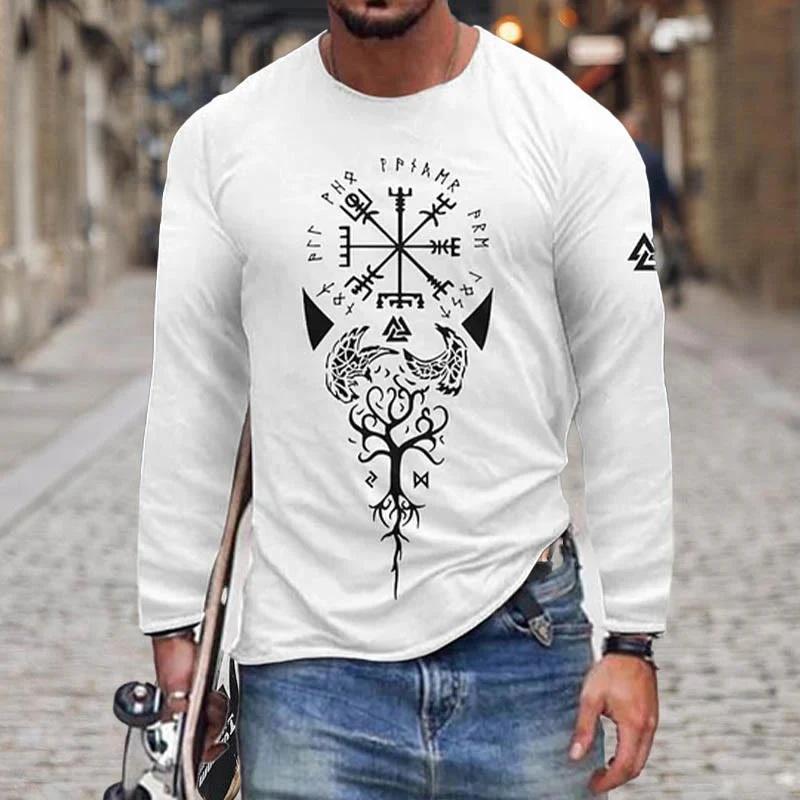 Men's Retro Viking Norse Mythology Totem 3D Printed Casual T-shirts Round Neck Fashionable Long Sleeved T-shirts