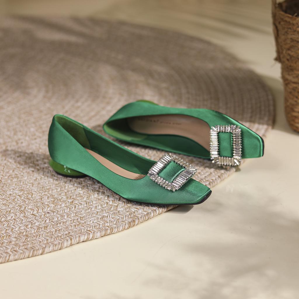 Classic Rhinestone Square Buckle Thick Heel Single Shoes Women's Satin Silk Low Heel Flats Temperament Sheepskin