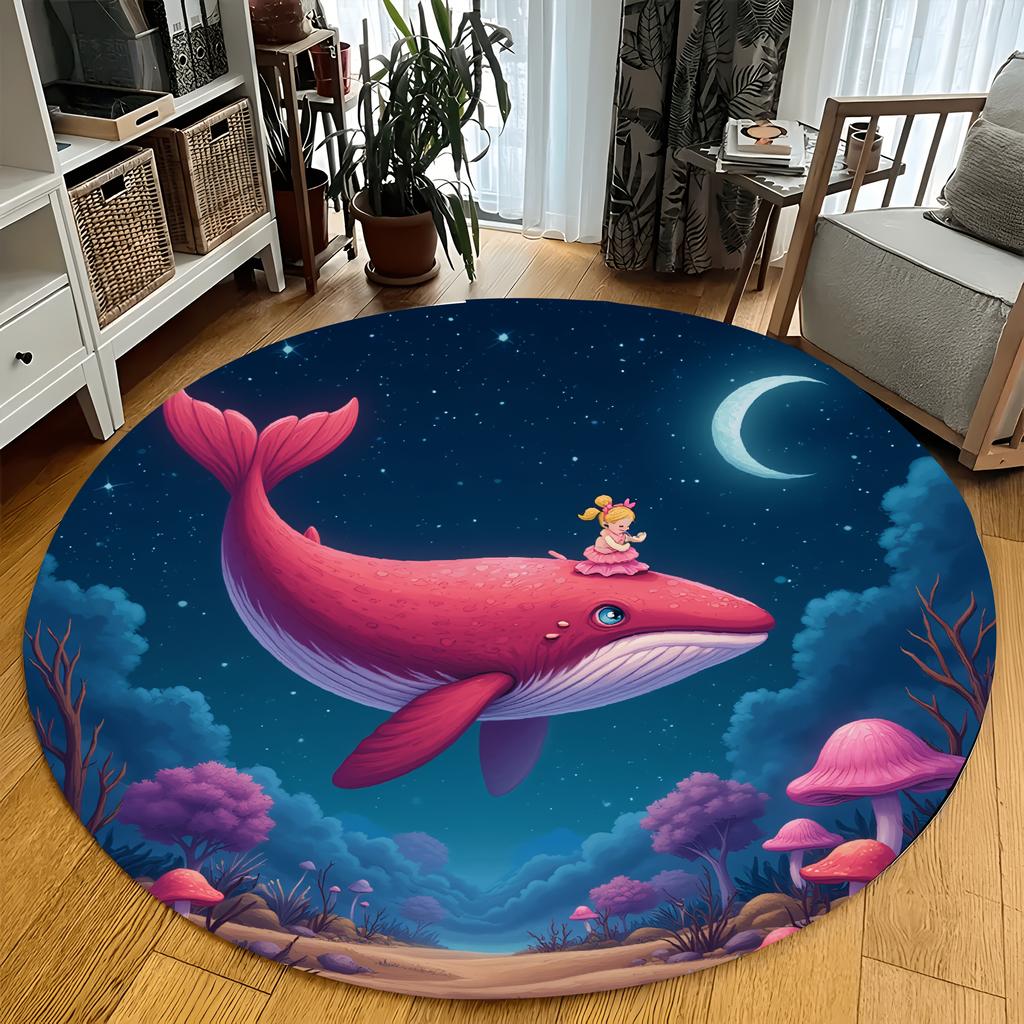 Whale Girl Fantasy Round Rug Dreamy Night Sky Flannel Floor Mat for Kids Bedroom Storybook Theme Magical Non Slip WashableCarpet