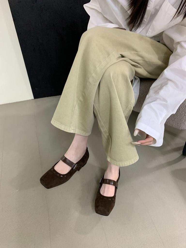 French retro Mary Jane shoes women's autumn models with flat bottom woven square head single shoes inner height increase with skirt women's shoes