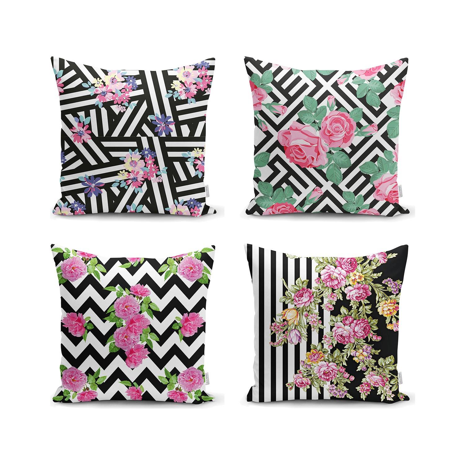 

Набор из 4 подушек и наволочек с геометрическим рисунком и цветочной тематикой