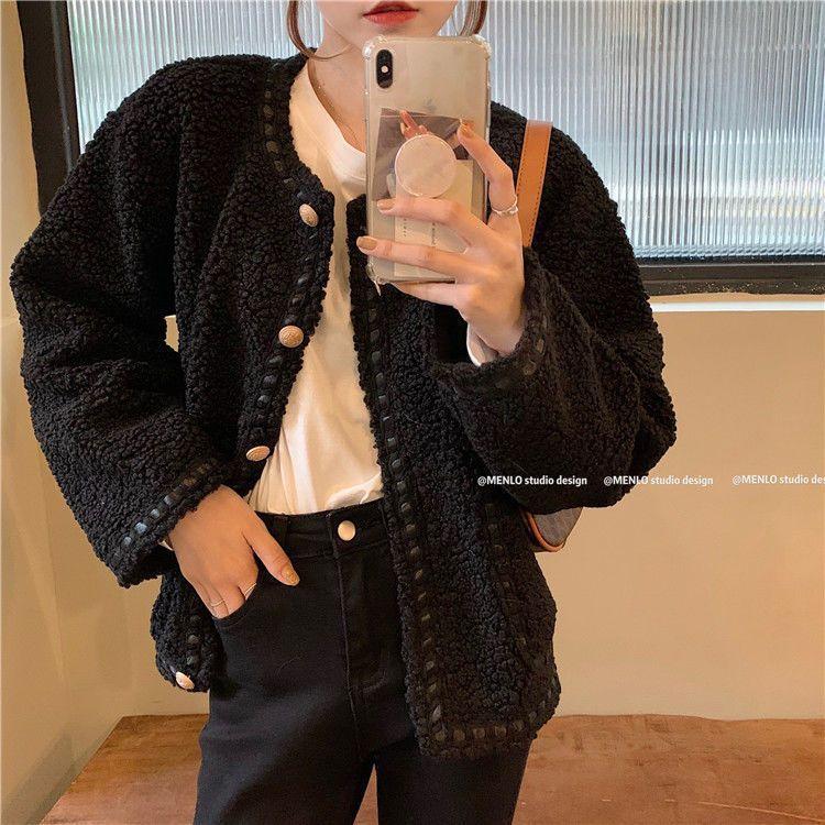 

Winter new loose lazy wind thickened imitation lamb wool fashion single-breasted long-sleeved jacket women s tide L чёрный