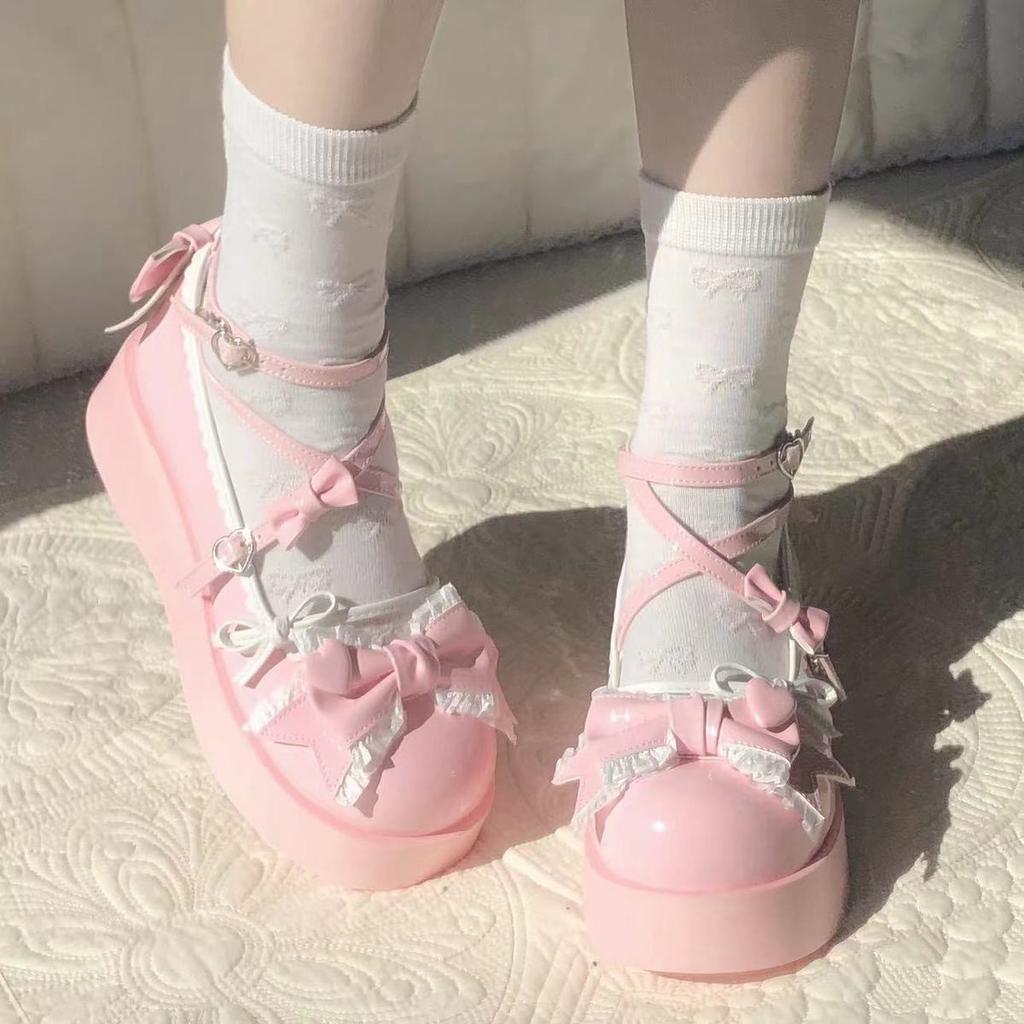 Lovely Girls Lolita Flats Platform Shoes,Students Sweet Heart Bowknots Cross Tied Mary Janes