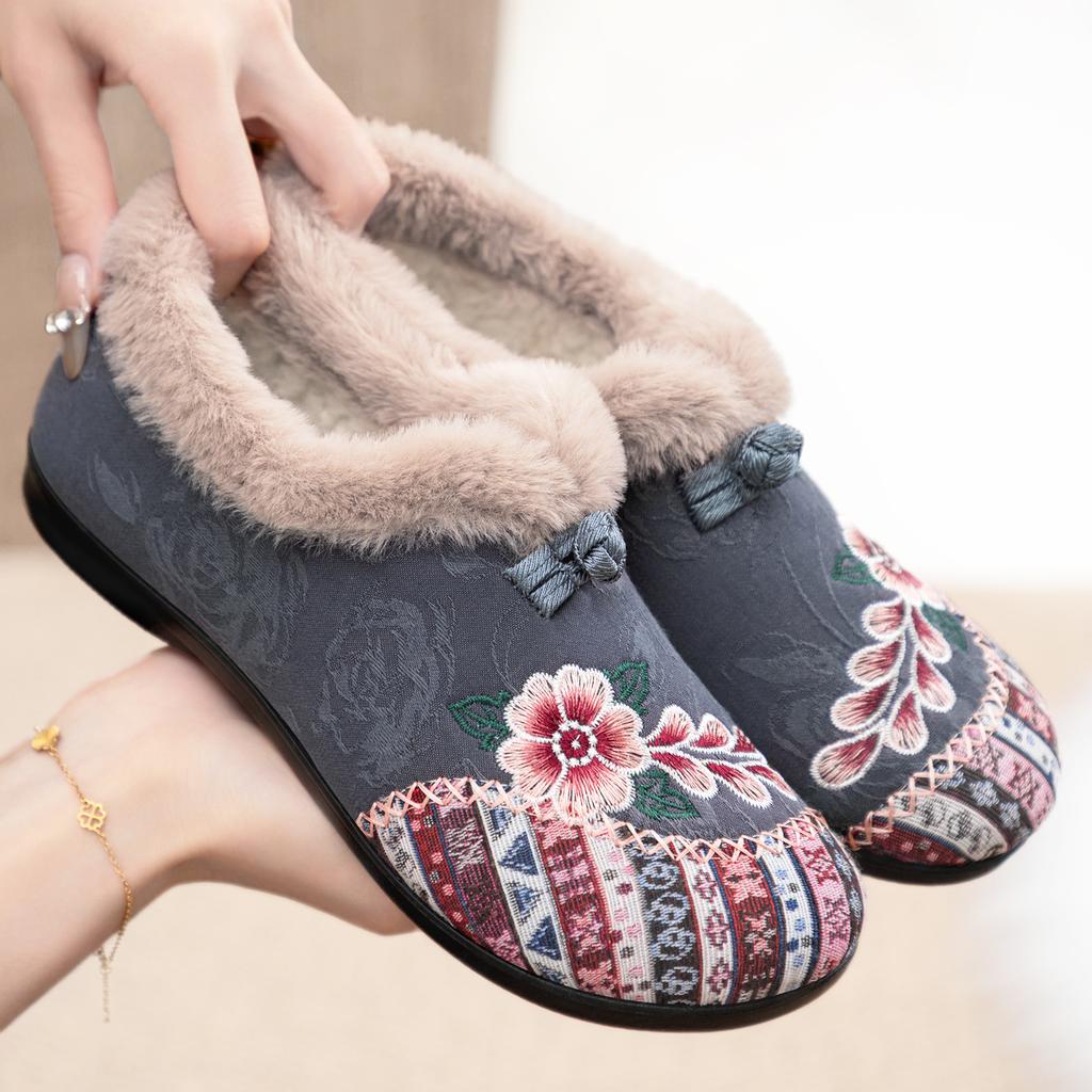 Traditional Style Embroidered Plush Shoes | Gray Fabric with Floral Embroidery & Fleece Collar