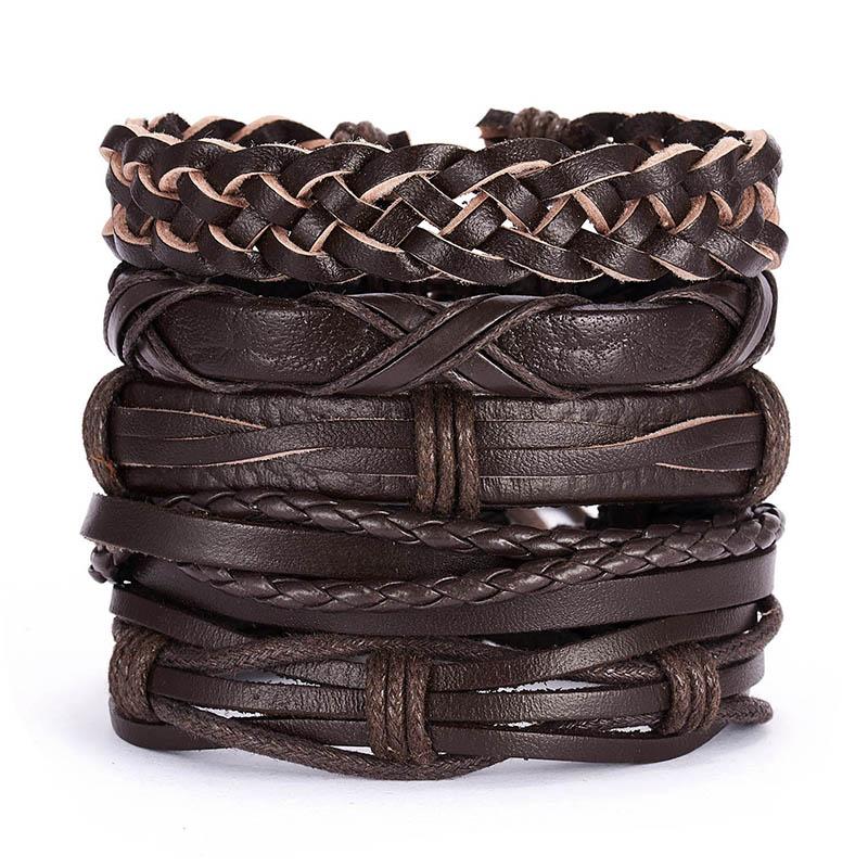Handmade Vintage Multilayer Men Leaf Leather Bracelet Braided Star Knot Leaf Rope Wood Beads Wrap Bracelets & Bangles Male Gift