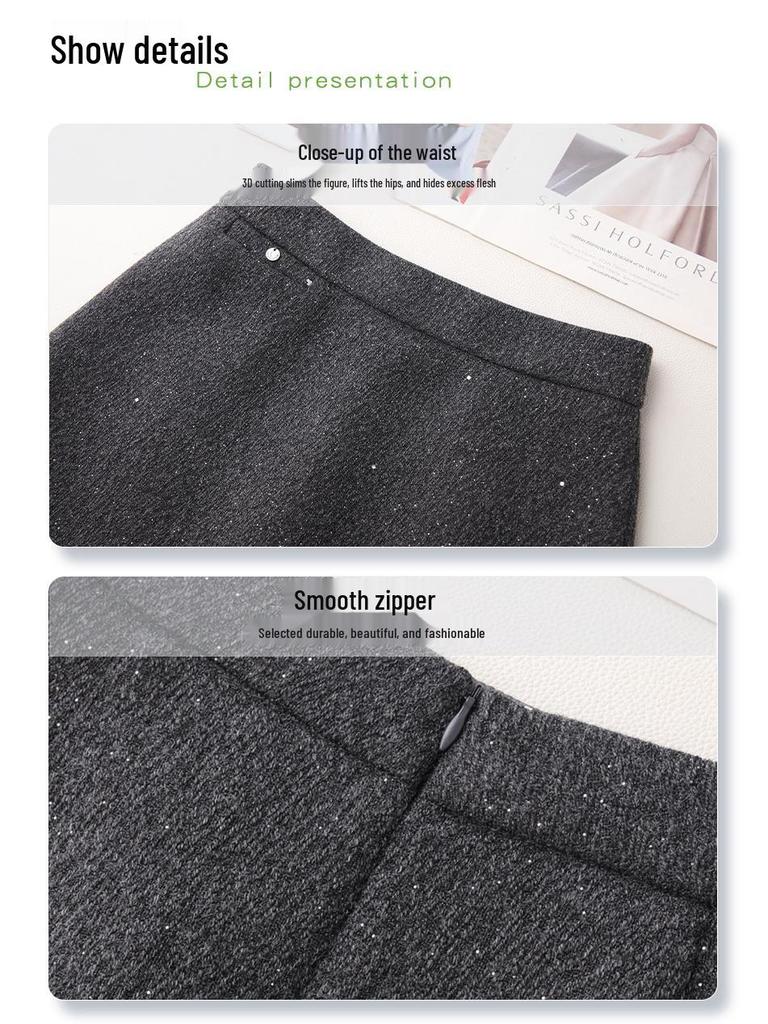 Women's Gray Wool Midi Skirt - High Waist, Slimming A-Line